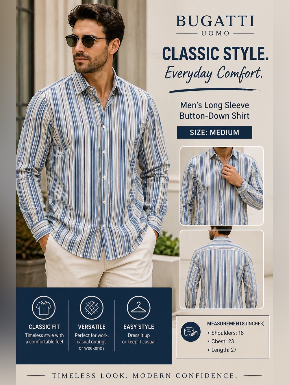 Bugatchi Uomo Men’s Medium Classic Fit Blue Striped Button Down Shirt